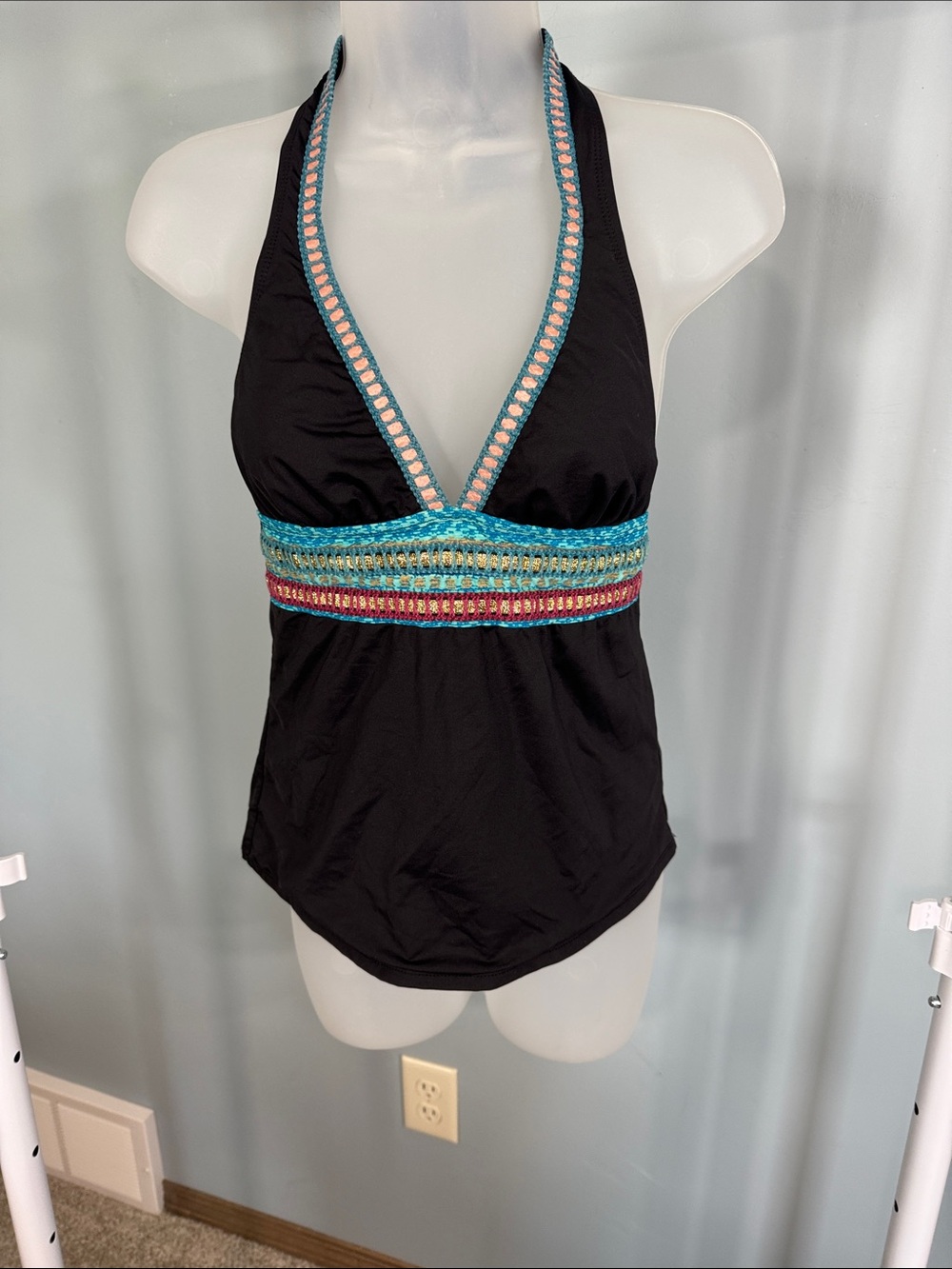 La Blanca Black Halter Tankini with Turquoise & Pink Trim